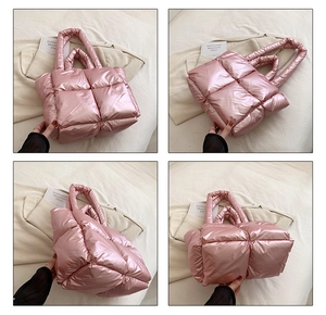 Detailed views of the pink quilted puffer tote bag with soft padded texture and top handles