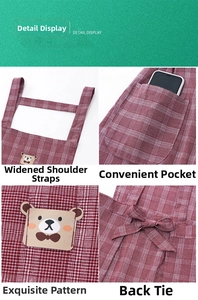 Detail view of cotton plaid apron featuring cute bear patch and functional side pockets