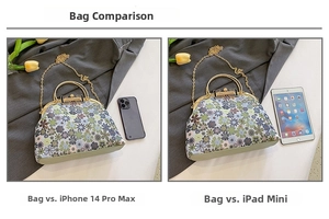 Detailed size comparison of floral printed handbag with iPhone 14 Pro Max and iPad mini