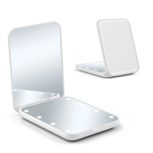 Macro view of portable LED makeup mirror showing foldable white plastic casing and light