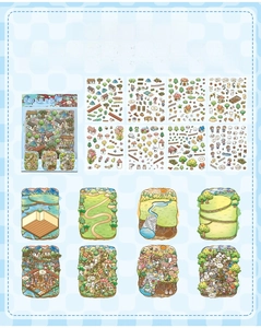 Detailed view of 3D scene stickers set with size specs and PET material components