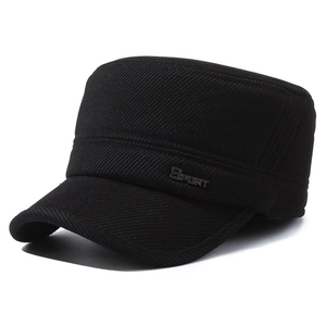 Winter flat top cap for men with thick warm fabric and metal sport badge decoration