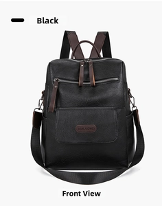 Front view of black pebble leather backpack with brown straps and logo pocket detail