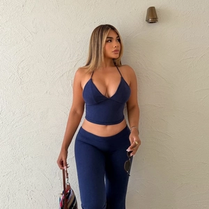Halter V Neck Backless Crop Top And High Waist Flare Pants Blue Polyester Spandex Elastic Knit Sexy Slim Fit Streetwear