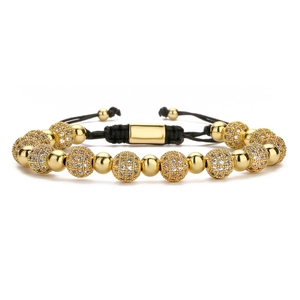 Handmade 8mm micro pave zircon gold crown bead braided adjustable rope bracelet for men