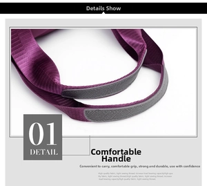 Detail of purple nylon travel bag handle with reinforced non-slip grey padding