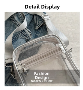 Detail of transparent PVC crossbody bag with silver piping and adjustable wide fabric strap