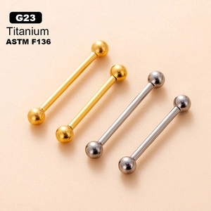 Titanium G23 ASTM F136 straight barbells for tongue and nipple piercings in gold and silver