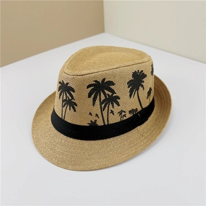 Classic straw fedora hat in natural tan with black palm tree patterns and decorative band