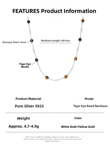 Macro shot of 925 silver necklace with 4mm tiger eye beads and baroque pearls