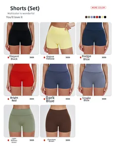 Detail view of high-waist fitness shorts in eight solid colors for women sports