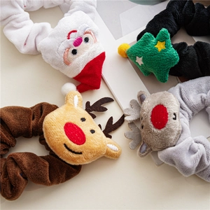 Cute Christmas cartoon plush scrunchies featuring Santa, Christmas tree and reindeer shapes