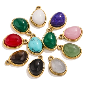 Macro detail of ten teardrop stone pendants in assorted colors with 18K gold plating