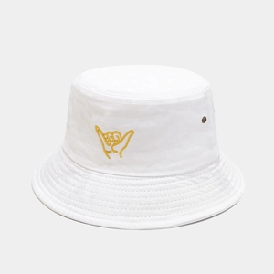 Detail of white cotton bucket hat with yellow Shaka sign embroidery and metal air eyelets