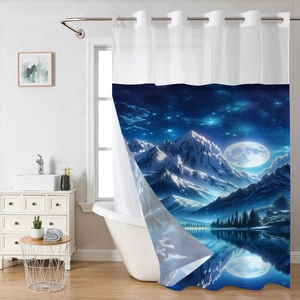 Detail of waterproof shower curtain featuring a starry night sky and snowy mountain landscape