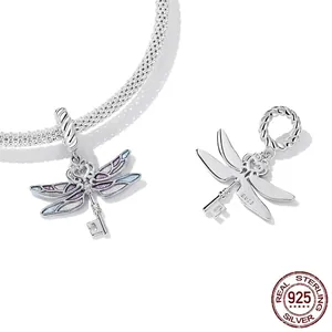 S925 sterling silver dragonfly key pendant with colorful gradient hollow wings