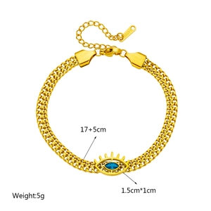 Golden stainless steel evil eye bracelet with blue gemstone and 17+5cm adjustable chain
