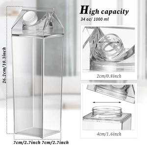 Detailed size specifications for 1000ml clear milk box shaped plastic water bottle