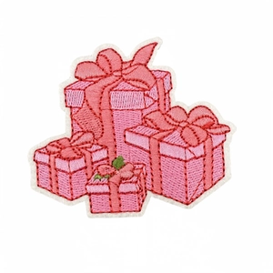 Pink Christmas gift box embroidery patch with red ribbon for DIY garment decoration