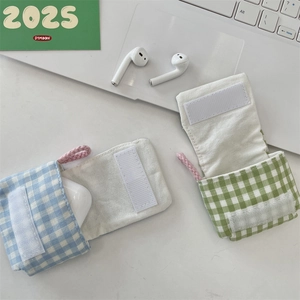 Mini funda de lona a cuadros con cordón y cierre de velcro para auriculares suaves