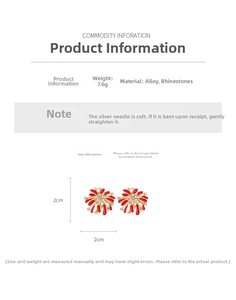 Detailed specs of red firework earrings with silver needles and rhinestones size 2x2cm