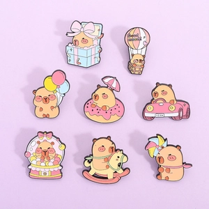 Set of 8 cute cartoon Capybara enamel pins featuring colorful animal badge designs