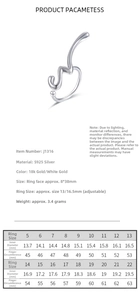 Size chart showing inner diameter and finger circumference for the 925 silver ring