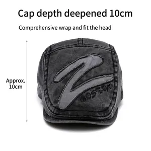 Grey washed denim newsboy cap with Boston embroidery and 10cm deep crown fit