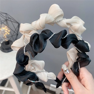 Elegant Pleated Satin Headband With Rhinestone Chain Twisted Ruffled Hair Hoop For Women Girls Sweet Fashion Accessory