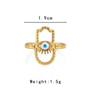 Gold Hamsa Hand and Evil Eye adjustable stainless steel ring with 1.9cm width