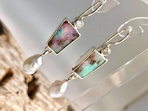 Pink opal and baroque pearl drop earrings with elegant silver geometric enamel design