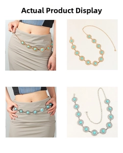 Detail of bohemian vintage alloy waist chain featuring turquoise discs in gold and silver