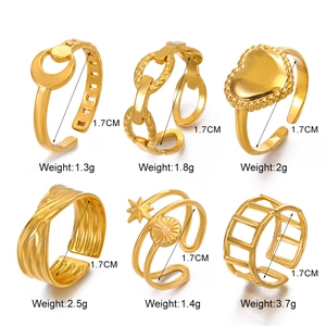 Detailed view of six 18K gold plated stainless steel rings with size and weight specs