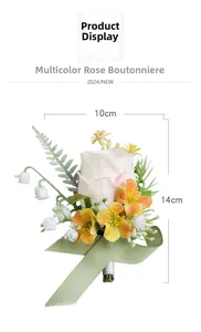 Detail view of 10x14cm white artificial rose corsage with greenery and yellow accents