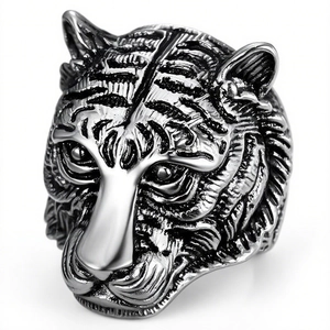 Vintage oxidized stainless steel tiger head ring for men with detailed 3D relief