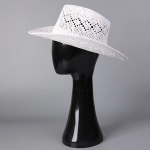 Detail view of white woven straw hat featuring diamond cut-out pattern on mannequin