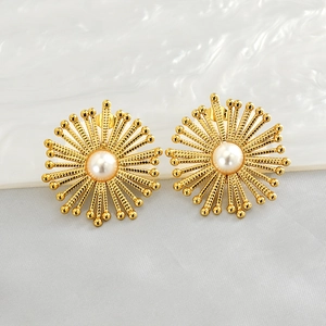 Sunburst Stud Earrings 18K Gold Plated Stainless Steel Artificial Pearl Center Geometric Minimalist Fashion Jewelry For Women