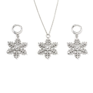 Elegant silver snowflake necklace and earrings set with micro-set cubic zirconia crystals