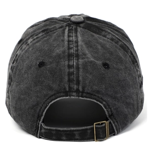 Adjustable washed black cotton baseball cap featuring vintage metal buckle and stitching
