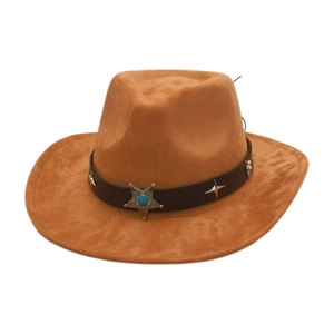 Chapeau de cowboy en daim marron avec bande en cuir turquoise et étoiles argentées