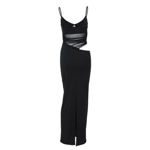 Detail of summer black dress with sheer mesh panels and sexy side waist cut-outs
