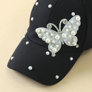 Damen Sonnenhut in Schwarz mit eleganten Strasssteinen, Schmetterlingsdekor und Perlen