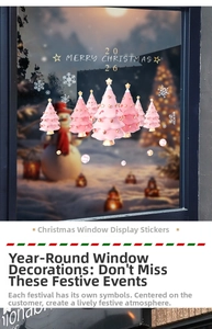 Pink Christmas tree window decals with golden Merry Christmas text and snowflakes