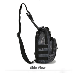 Side view of tactical chest bag showing MOLLE webbing and D-ring in python camo
