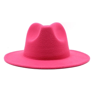 Detailed view of hot pink felt fedora with pinch front crown and flat brim design