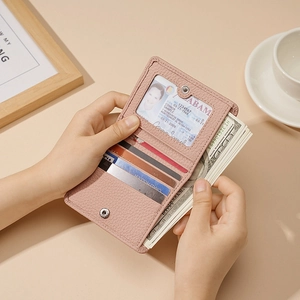 Portefeuille femme en cuir rose à grain litchi avec protection RFID et porte-cartes