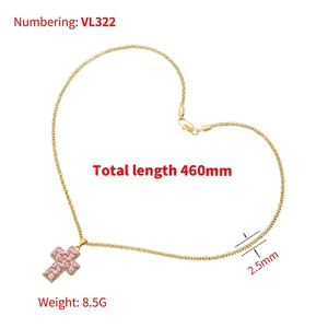 Gold hip hop cross necklace with pink crystal and white diamonds on 460mm corn chain