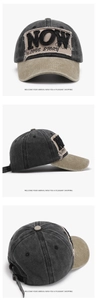 Three-way view of washed canvas baseball cap with embroidered NOW patch and adjustable buckle