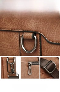 Detailed views of high-quality dark silver hardware and brown vintage textured leather bag