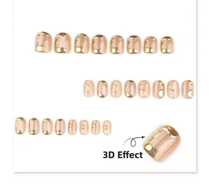 Macro detail of nude cat-eye press-on nails with 3D embossed gold wave patterns